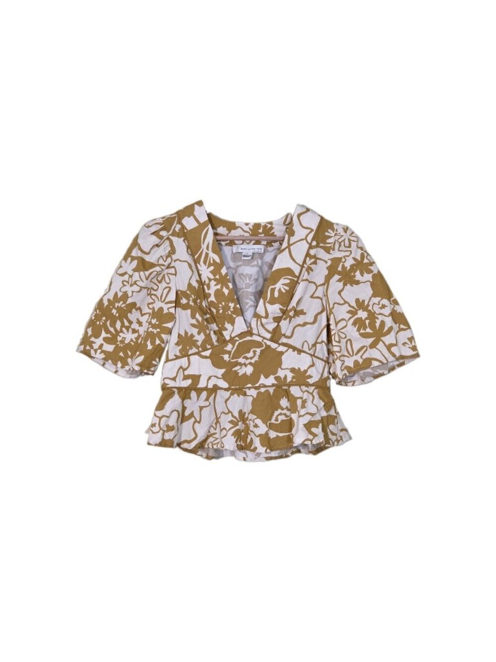 Band of the Free Deep V Neck Peplum Top M Floral Puff Sleeve Mustard Cream Boho